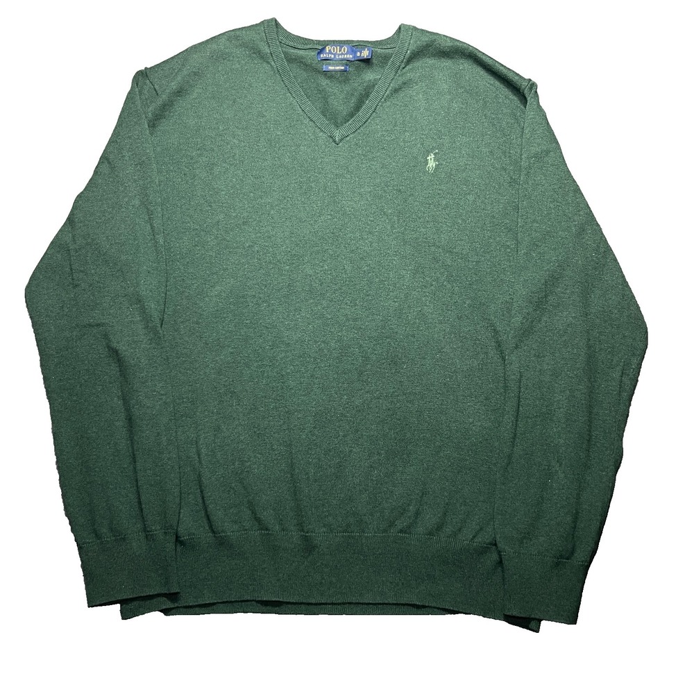 Polo Ralph Lauren Sweater Mens XL Green Pima Cotton V-Neck Preppy Pony Golf